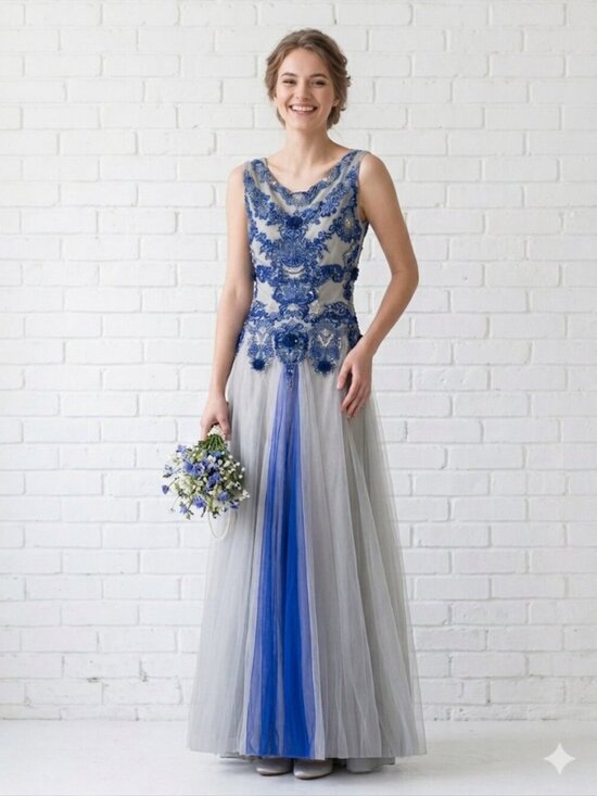 The Unbranded Brand Dresses & Skirts - Formal Prom Maxi Dress S/M Embroidered Grey & Blue Indian Style Anarkali Gown
